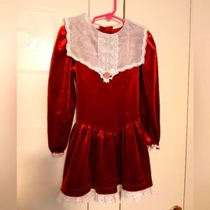 Vintage CARROUSEL Girls Party Dress Sz 6 Red/Burgundy Ruffle Lace Velvet Cottage